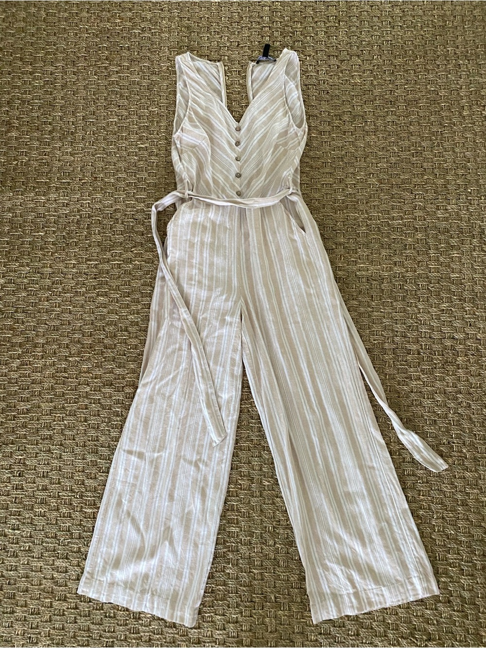 Ellen Tracy Cream and White Striped Sleeveless Jumpsuit